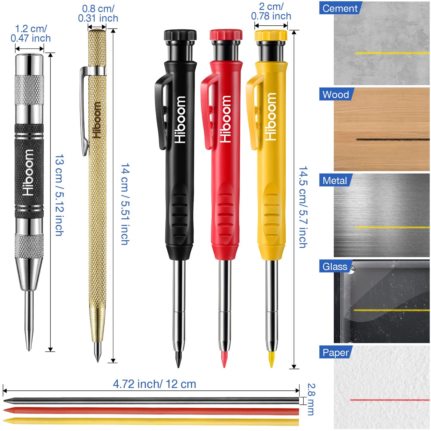Hiboom Mechanical Carpenter Pencils with Solid Deep Hole Woodworking Pencils with Built in Sharpener & Refills, Automatic Center Punch, Carbide Scribers Tool Set for Architect Construction