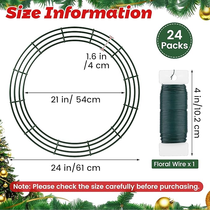 Fovths 24 Pieces Metal Christmas Wire Wreath Frame 24 Inch Green Wreath Ring with Floral Wire Form Front Door Garland Frame for Christmas Wedding Home DIY Crafts Supplies