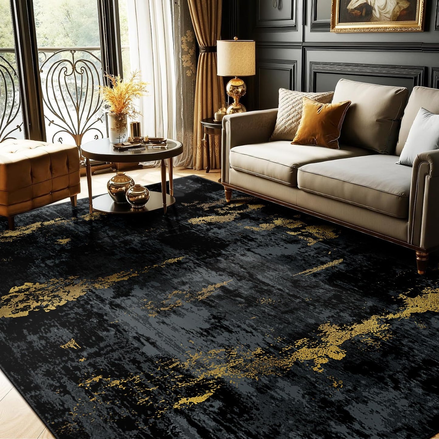 RELEANY Washable Area Rugs 8'x10' Non-Slip Modern Abstract Soft for Living Room Entryway Bedroom Kitchen, Print Pattern, Dark Black Gold