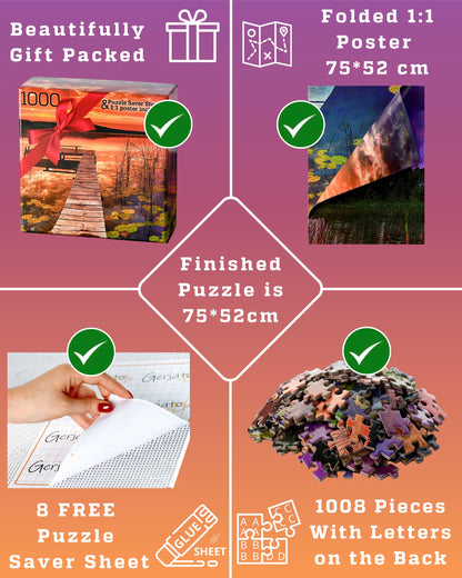 Puzzles for Adults 1000 Pieces – Ideal Gift for Loved Ones, Gift-Ready Box, Letters on Back, 8 Jigsaw Puzzle Saver Sheets & Full-Size Poster – Scenic Landscape Sunset with Dock & Lilies by GERJATO