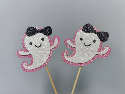 Ghost Cupcake Toppers Pink Glitter, Halloween Ghost Birthday Baby Shower Cupcake Toppers Ghost Food Cupcake Picks for Pink Halloween Baby Shower Birthday Party Cake Supplies - 24Pcs