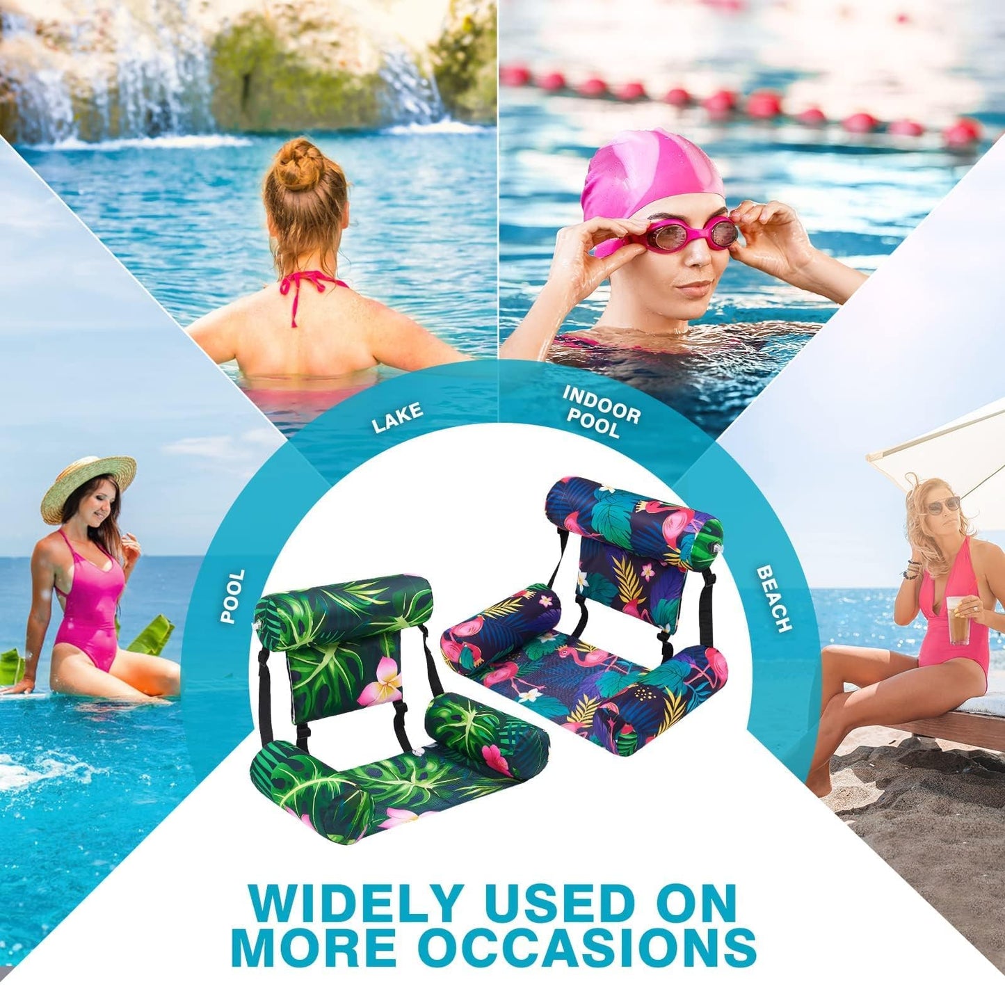 WERNNSAI Fabric Pool Float Chair for Adult - 2 Pack Inflatable Pool Float Water Hammock Adjustable Floating Pool Lounge Chair for Swimming Summer Water Party (Flamingos & Green Plants)