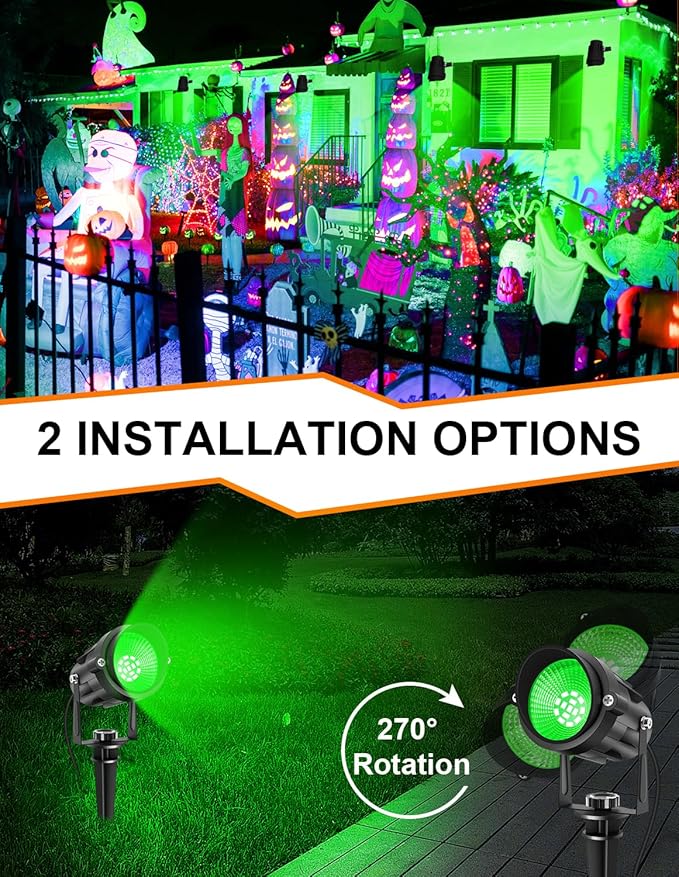 Christmas Green Spotlight Outdoor, 14 LED Landscape Lighting with US Plug, IP65 Waterproof Spotlights for Tree Yard Garden Pathway Halloween St. Patrick's Day Decor 4 Pack