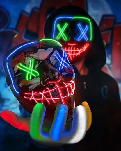New Halloween LED Mask & Gloves in Multiple Light Modes, The Purge Mask Purge Costume, Light up Neon Gloves, Halloween Costumes for Women Kids Girls - Multicolor