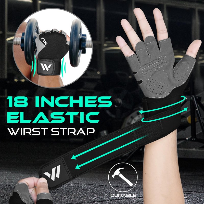WESTWOOD FOX Gym Gloves Fitness Training Anti Slip Shock-Absorbing Weight Lifting Gloves Padded Grip Breathable Fingerless Workout Support for Men Women Cycling Exercise (Long Wristband, M)