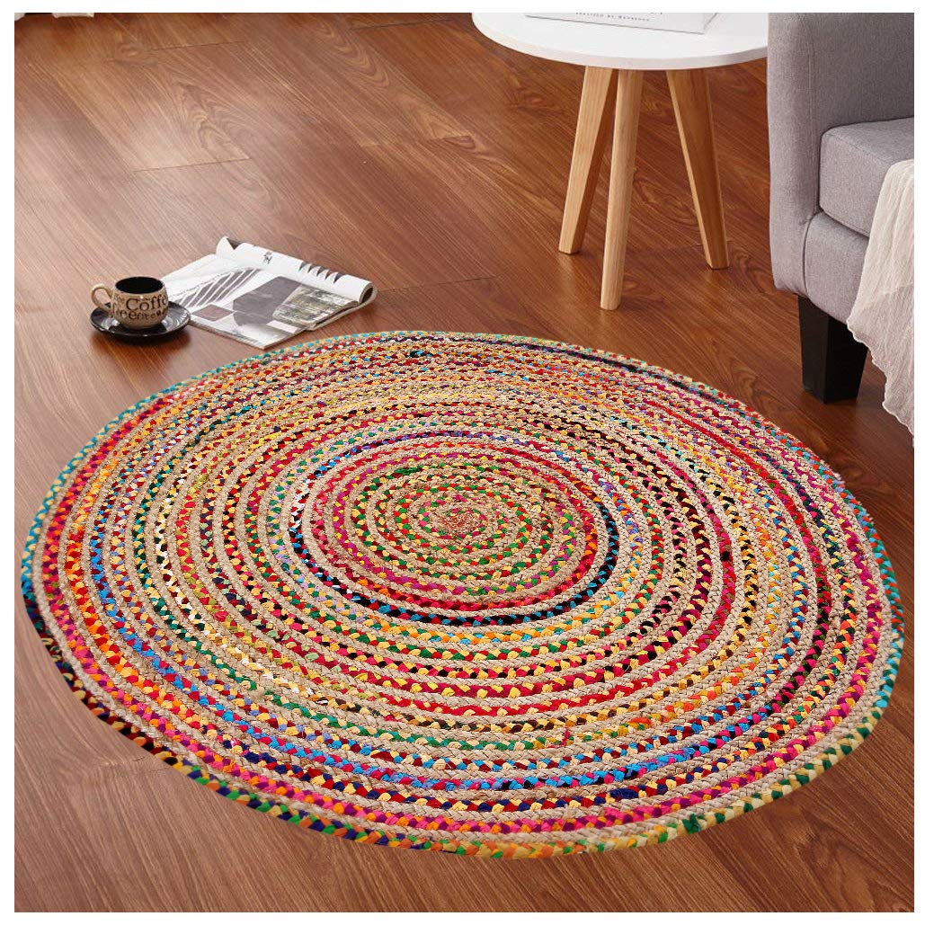Lightnpro Bohemian Braided Rug 4 Feet Round - Multi Color, Circle Farmhouse Jute Cotton Area Rag Rug for Kitchen, Kids Bedroom, Playroom | Colorful Hand Woven Reversible Pet Friendly Carpet