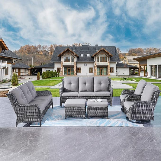 Rilyson Wicker Patio Furniture Set - 6 Piece Rattan Outdoor Sectional Conversation Sets with 2 Rocking Swivel Chairs,2 Ottomans and 2 Sofa for Porch Deck Garden(Mixed Grey/Grey)