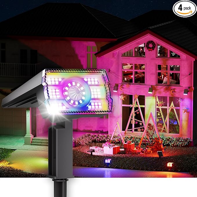 Solar Spotlights Focus Lights Outdoor Waterproof IP65,Multicolor,RGB,4 Pack,6 Color,2 Lighting Modes,105°Adjustable 58 LED Spot Lights Solar Prowered Flood Light for Yard/Landscape/Garden/House