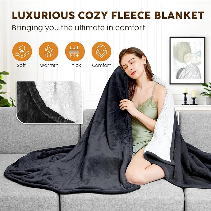 HYLEORY Heated Electric Blanket Twin 62"x84" Soft Fleece & Flannel with 5 Heating Levels & 10 Hours Timer Auto Shutt Off, ETL Certified, Washable，Heated Blanket for Body-Dark Grey