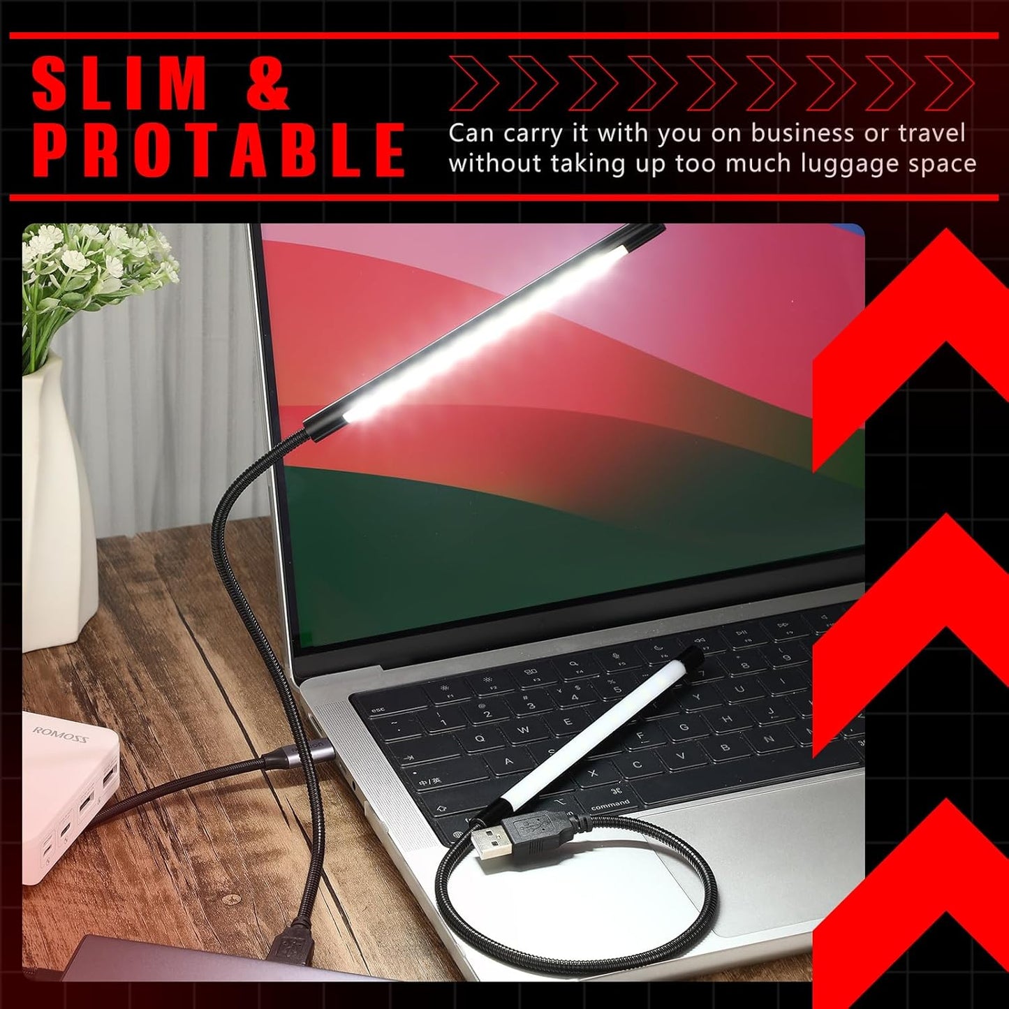 2 Pieces USB LED Light for Laptop Keyboard Gooseneck Light Computer Lamp Flexible Stick Dimmable LED Lamp Touch Switch for Reading Book(Black)