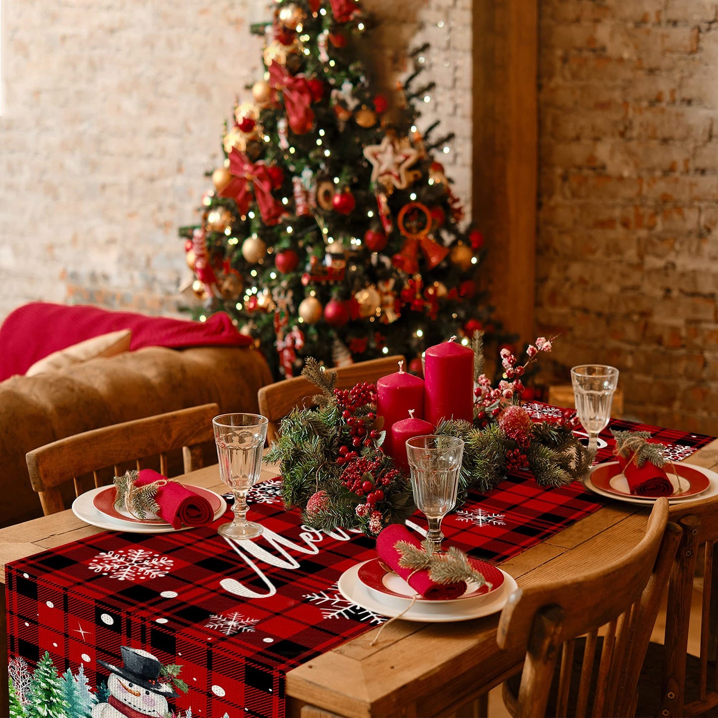 pinata Christmas Table Runner, Christmas Runner for Table 72 Inches, Xmas Snowman Red Buffalo Plaid Runners for Home Dining Kitchen Decor