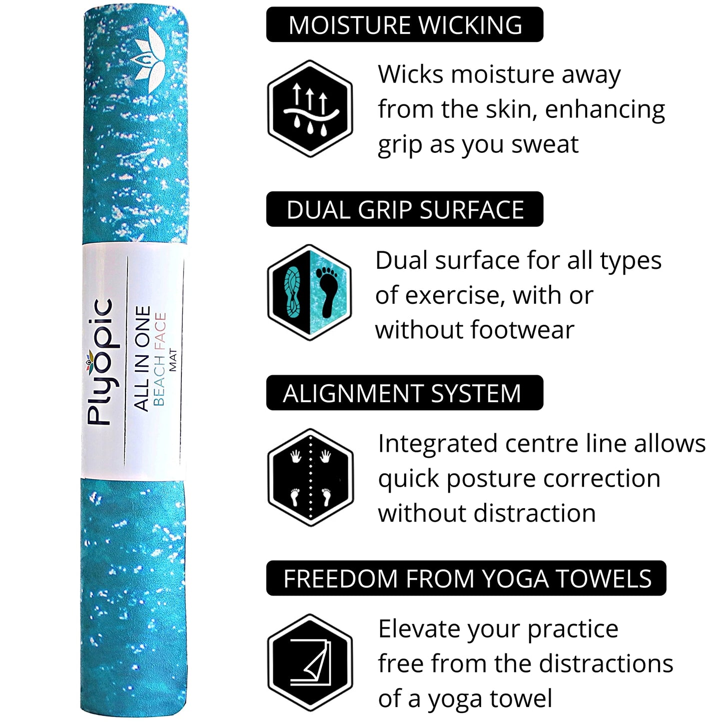 Plyopic. All In One Yoga Mat | Luxury Sweat-Grip Mat/Towel Combo | Ideal for Yoga, Hot Yoga, Bikram, Pilates, Workout & Exercise | Eco-Friendly Natural Rubber