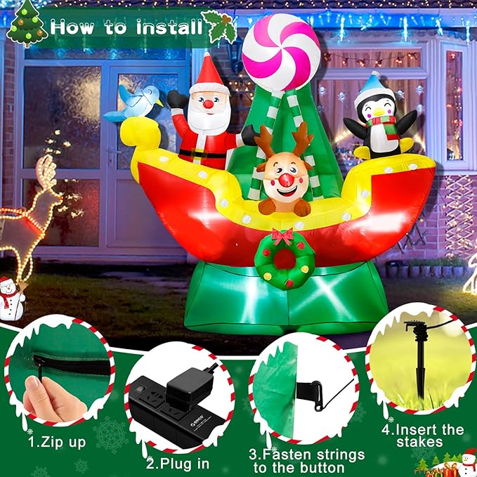 6 FT Christmas Inflatables Animals Sitting on Ship Christmas Blow ups Built in LED Lights Christmas Decorations Inflatables for Christmas Holiday Garden Lawn