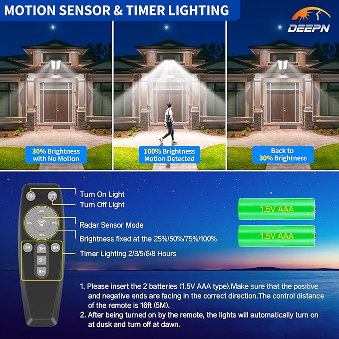 Solar Lights Outdoor, IP66 Waterproof Street Lights Outdoor, 6500K Dusk to Dawn Solar Security Flood Lights Motion Sensor with Remote Control for Yard, Entryway Garage, Porch 2 Pack