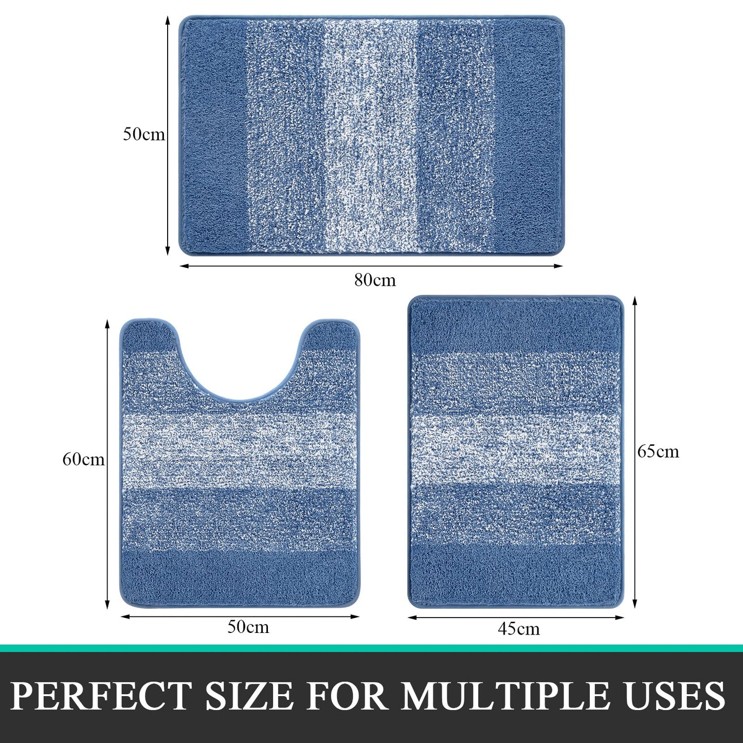 Enyhom Microfiber 3 Piece Bath Mat Sets Non Slip Bath Rugs and Pedestal Mats for Bathroom Washable Absorbent Bathroom Floor Carpet Rug Toilet Rug, Blue