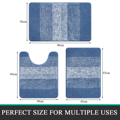 Enyhom Microfiber 3 Piece Bath Mat Sets Non Slip Bath Rugs and Pedestal Mats for Bathroom Washable Absorbent Bathroom Floor Carpet Rug Toilet Rug, Blue