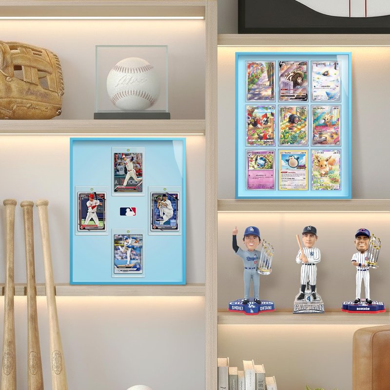 Glacier Blue 9-Card Display Case, Seamless Aluminum Frame with Tempered Glass for Graded Cards, Baseball Football Basketball Sports Card & TCG, Wall Mount Trading Card Frame, Includes 9 Shell Holders