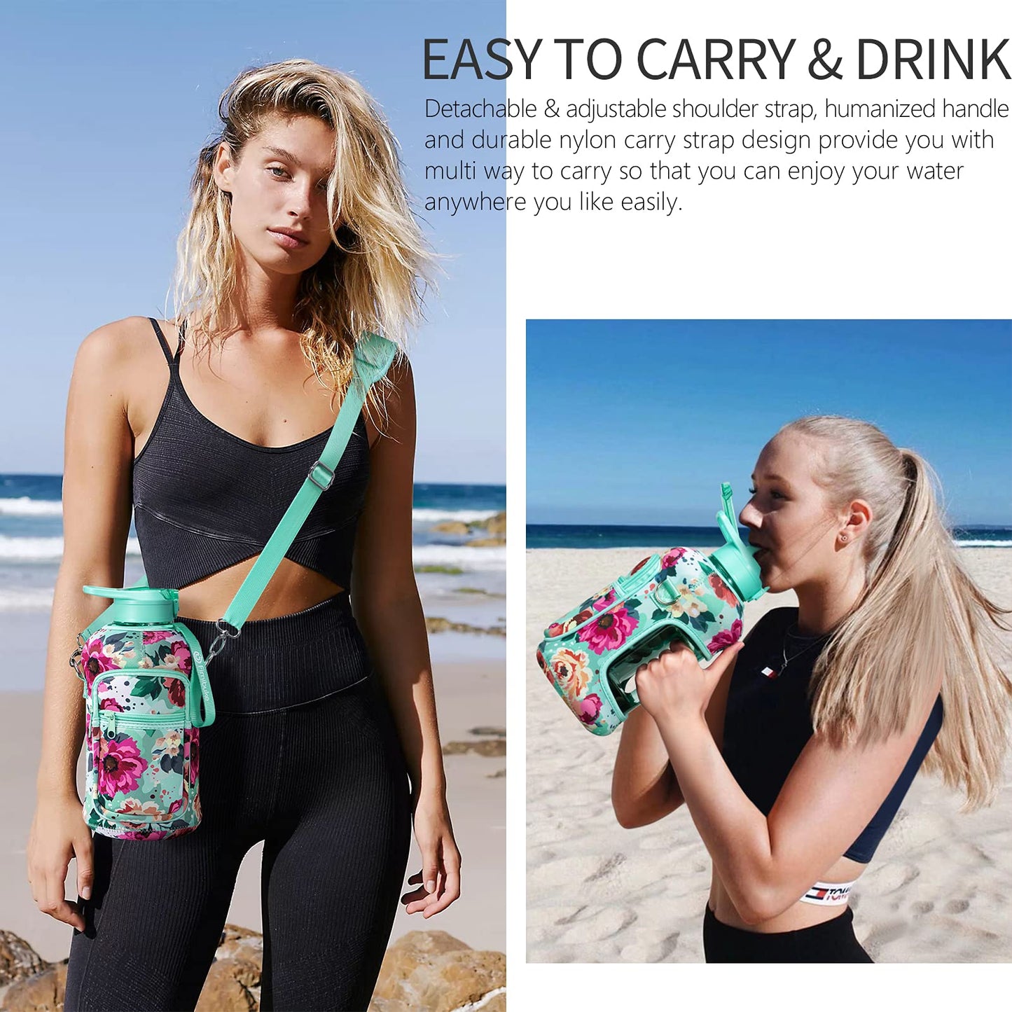 Fimibuke Half Gallon Water Bottle with Sleeve 64 OZ Water Bottle with Handle & Straw Leakproof Motivational Sports Gym Water Bottle with Time Marker Water Jug with Neoprene Holder - Floral Bloom