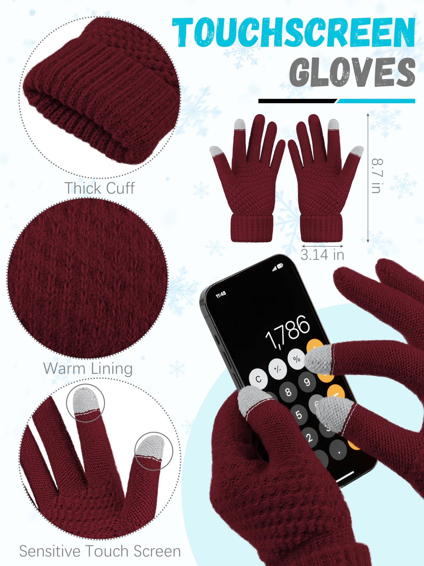 Winter Hat Scarf Gloves and Ear Warmer, Warm Knit Beanie Hat Touch Screen Gloves Set Winter Gifts Neck Scarves for Women Wine Red