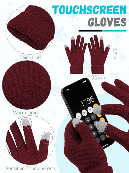 Winter Hat Scarf Gloves and Ear Warmer, Warm Knit Beanie Hat Touch Screen Gloves Set Winter Gifts Neck Scarves for Women Wine Red