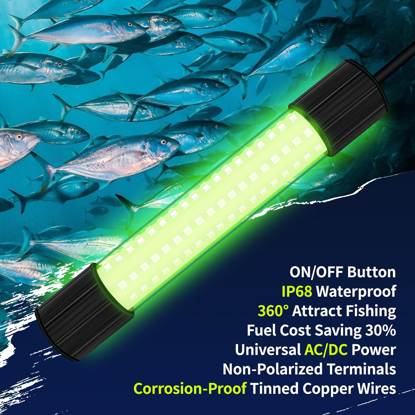SeaShine IP68 Underwater Fishing Light, DC/AC 12-24V Green Fish Lights, 1300LM Night Underwater Lights 16FT Cable 13W Fish Light for Night Fishing Docks/Boats/Kayaks, Fresh & Salt Water