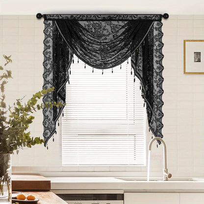 Huierxun Halloween Black Lace Waterfall Window Valance with Bead Tassels Floral Embroidered Valance Curtains Semi Sheer Rod Pocket Valance/Swags for Bedroom/Living Room/Kitchen/Basement(Black,39"x41")