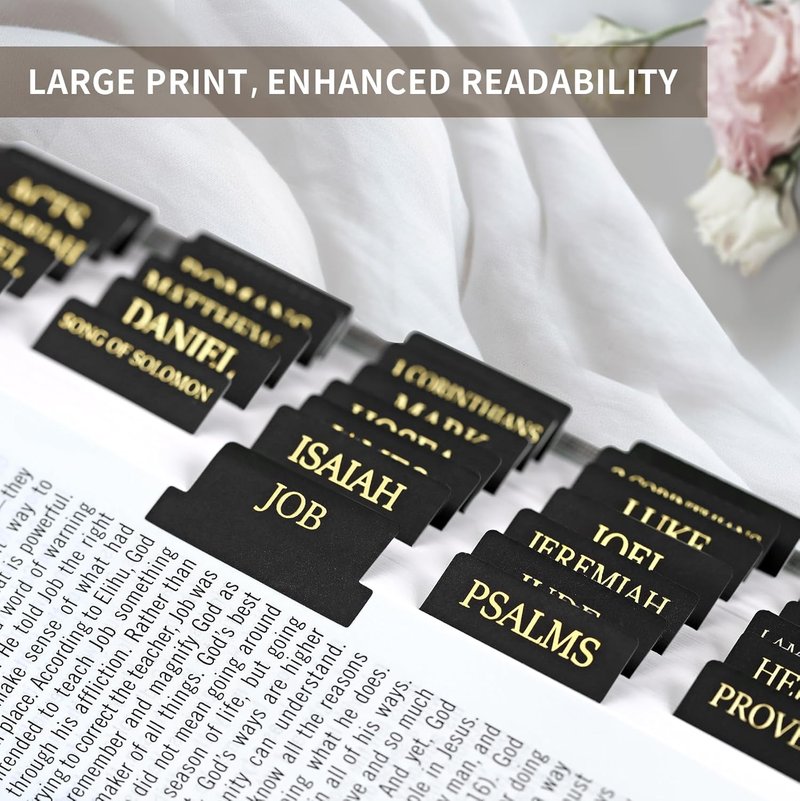 Bible Tabs for Easy Navigation | Large Print Index Tabs for Study Bibles - 66 Tabs + 9 Blank Tabs - Black