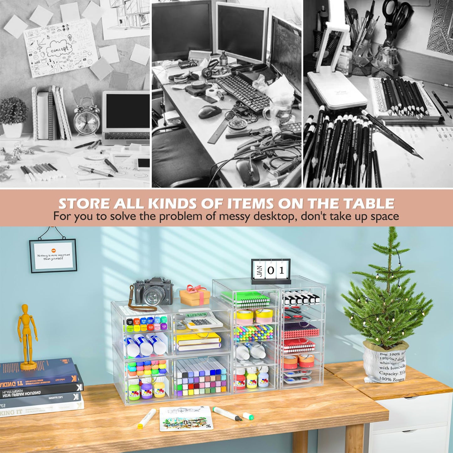 2 Pack Desk Organizers, Makeup Organizer Storage With 7 Drawers, Desktop Office Supplies, Clear Desk Accessories, Dustproof Drawer Organizer and Storage for Make Up, Jewelry, Pen, Desktop Stationary