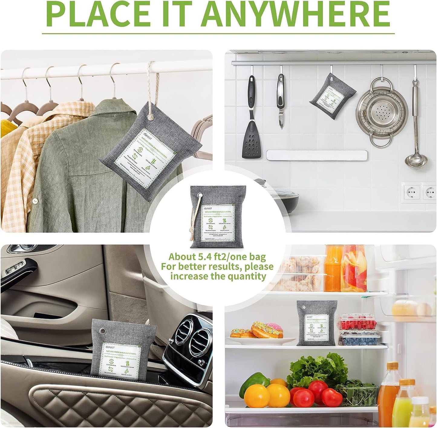 CLEVAST Bamboo Charcoal Air Purifying Bags (Large, 4×200g), Removes Odors and Moisture, Nature Fresh Air Purifier Bags, Odor Eliminator for Home, Car, Pets, Bathroom, Basement