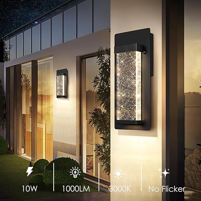 BesLowe Outdoor Wall Light Fixtures with Crystal Bubble Glass, Waterproof Exterior Sconces LED Wall Lanterns, Porch Lights Wall Mounted 10W 3000K Outside Lights for House Front Door Garage Entryway