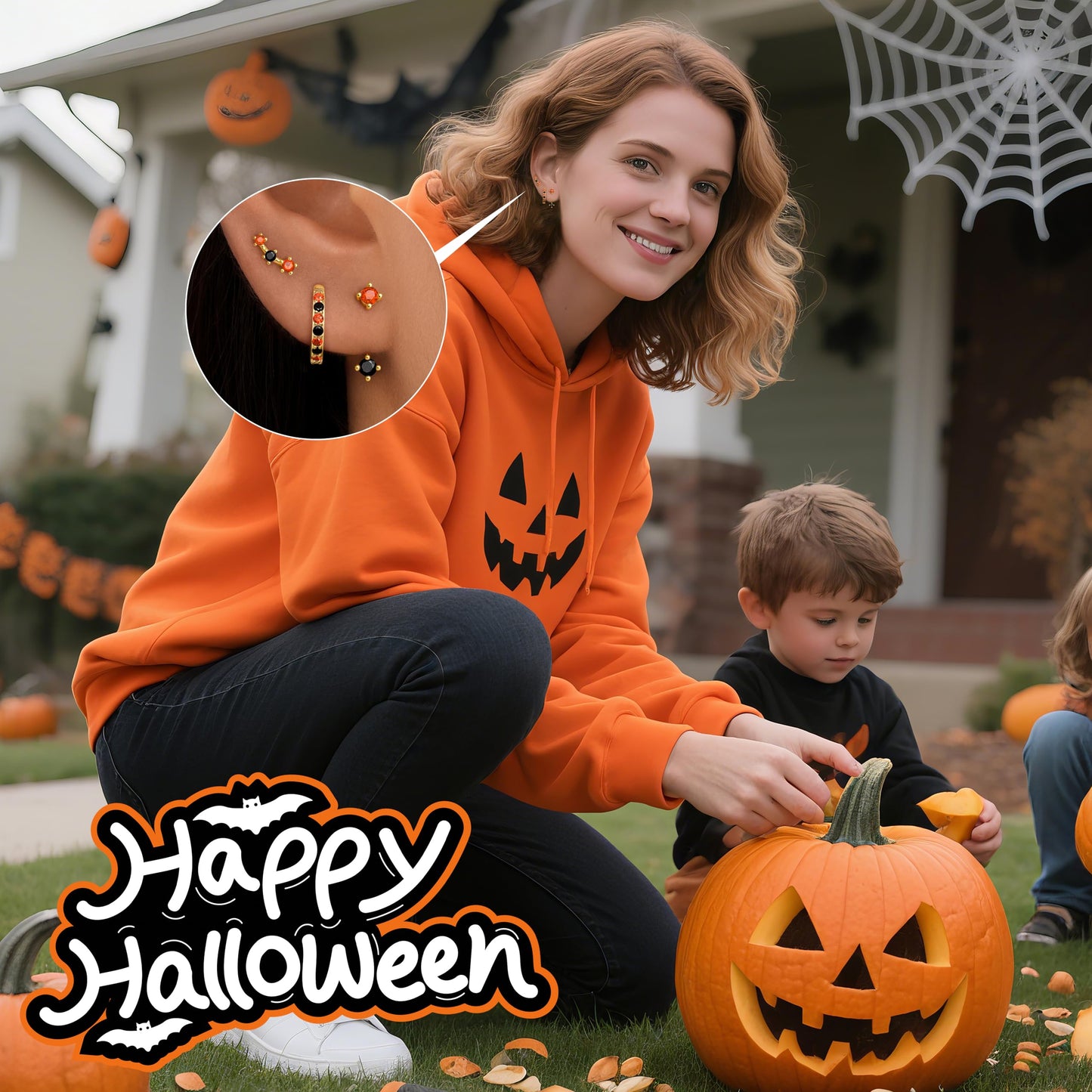Halloween Accessories Earrings for Women Jewelry Gifts, Halloween Custumes Ghost Pumpkin Studs Huggie Hoop Earrings, Orange Black Spooky Cute Fun Holiday Gifts