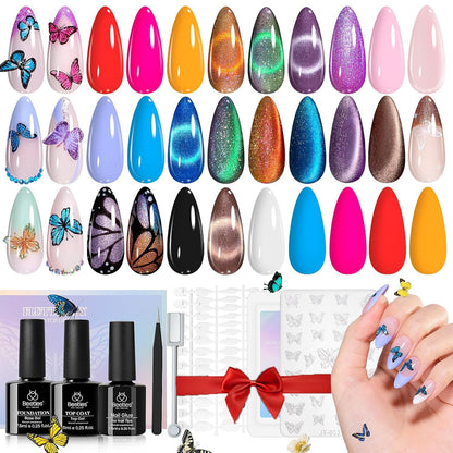 Beetles Cat Eye Gel Polish Set - 24Pcs 20 Colors Glitter Dark Color Changing Gel Nail Polish Kit with Base Gel Glossy Matte Top Coat Soak off UV DIY Nail Art Salon Ombre Black Nails Gift