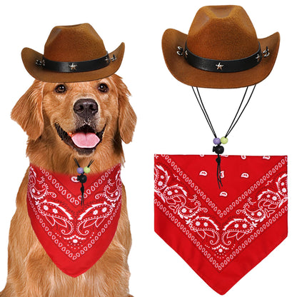 GOYOSWA Dog Halloween Costumes, Dog Cowboy Costume Halloween Pet Cowboy Hat Bandana Scarf for Small Medium Large Dogs Pets (Brown Hat & Red Bandana, Large)