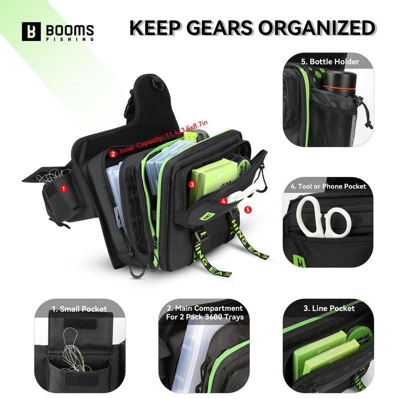 Booms Fishing Tackle Storage Bag - IB1 Fishing Gear Bag with Lures Operation Tray - Saltwater & Freshwater Fly Fishing Sling Bag for Men