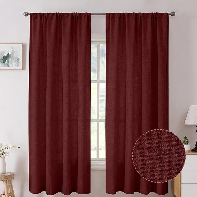 Tollpiz Linen Curtains Living Room Rod Pocket Semi Sheer Curtain Burlap Light Filtering Thick Linen Drapes for Bedroom, 38 x 63 inches Long, Burgundy Red, Set of 2 Panels