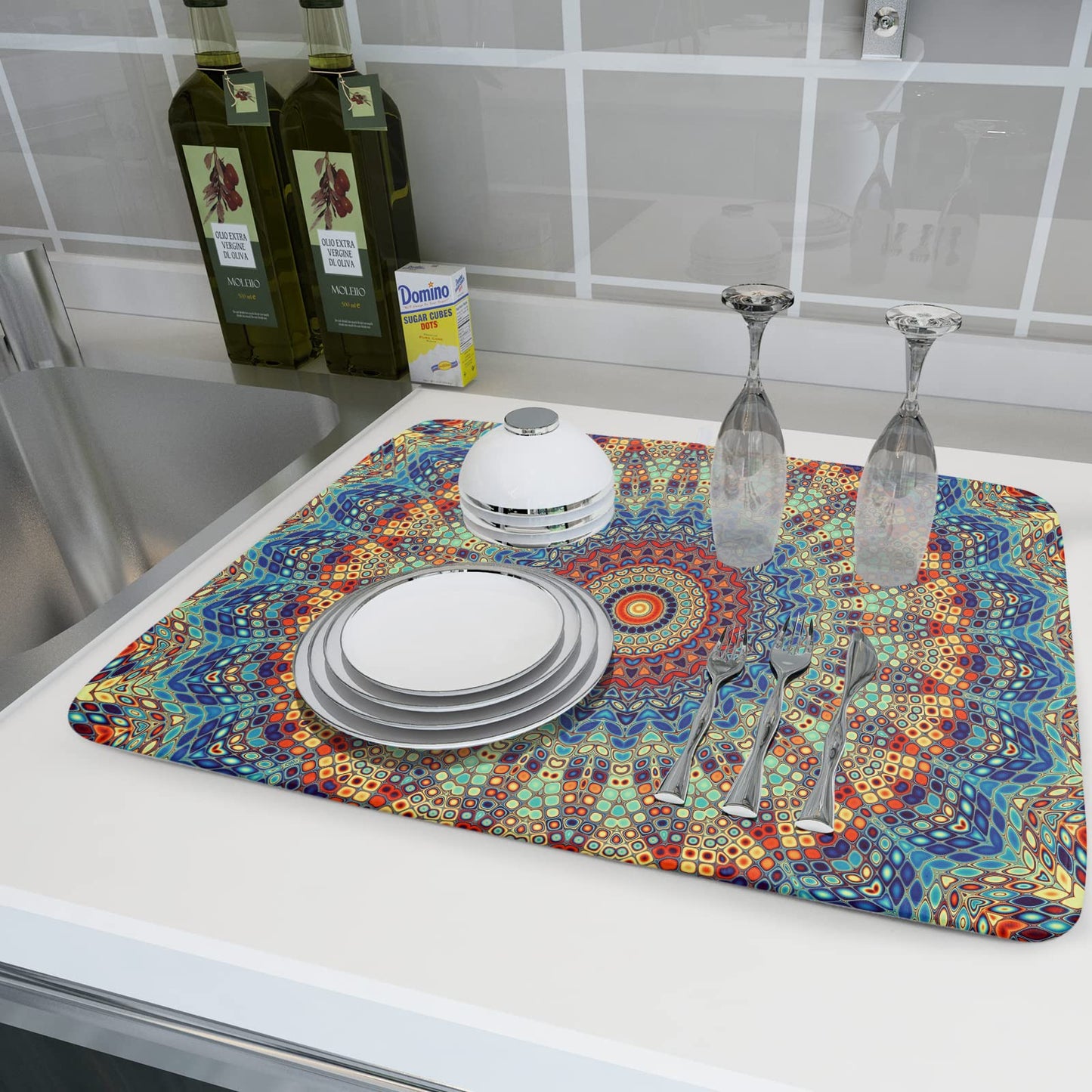 Bohemian Mandala Dish Drying Mat for Kitchen Counter Boho Ethnic Drying Mat 18 x 24 Inch with High Absorbent Reversible Microfiber Dish Drying Pad Dish Rack Pad Drainer Mat for Coffee Bar