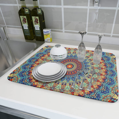 Bohemian Mandala Dish Drying Mat for Kitchen Counter Boho Ethnic Drying Mat 18 x 24 Inch with High Absorbent Reversible Microfiber Dish Drying Pad Dish Rack Pad Drainer Mat for Coffee Bar