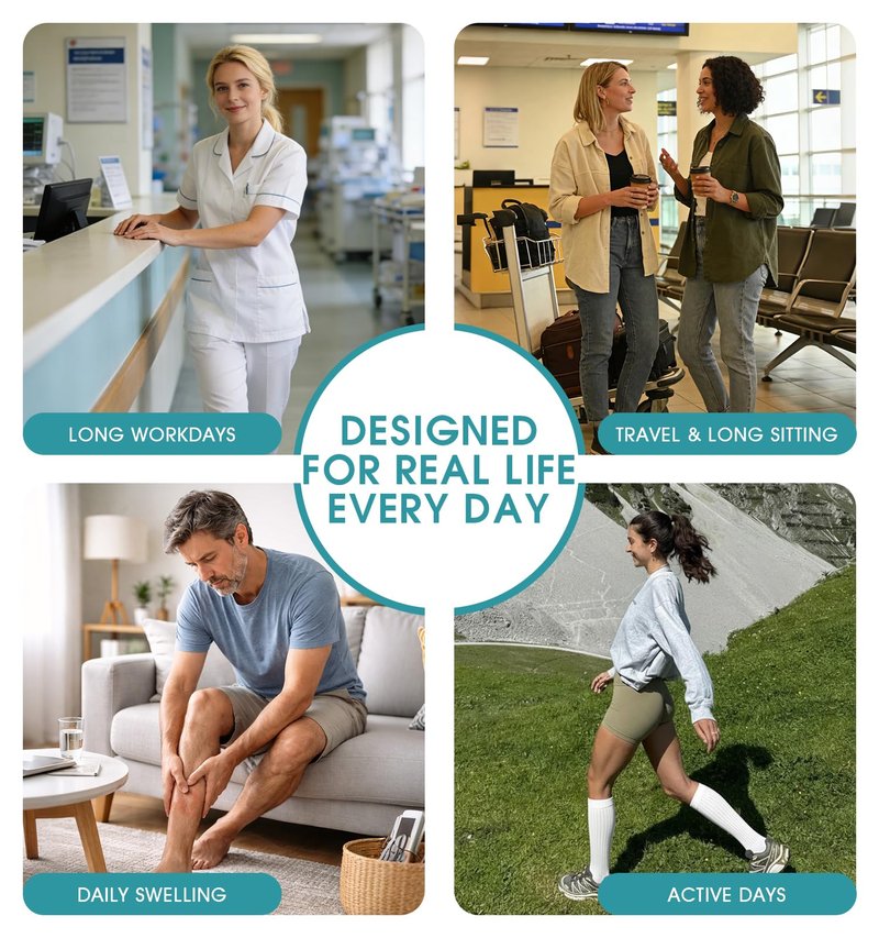 Compression Socks for Women and Men, Circulation Support Stockings, Black 15-20 mmHg, Work Walking Wear, Flying Travel, Nurses