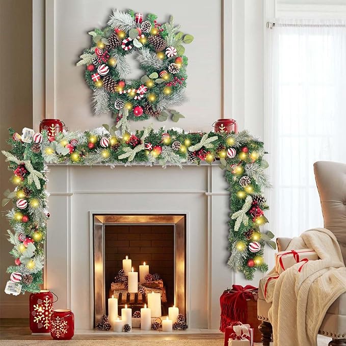 WANNA-CUL Pre-Lit 24 Inch Lighted Christmas Wreath for Front Door Red White Christmas Door Wreath Decoration with Ball Ornaments, Candy Canes,Eucalyptus Leaves, Battery Operated 30 LED Lights