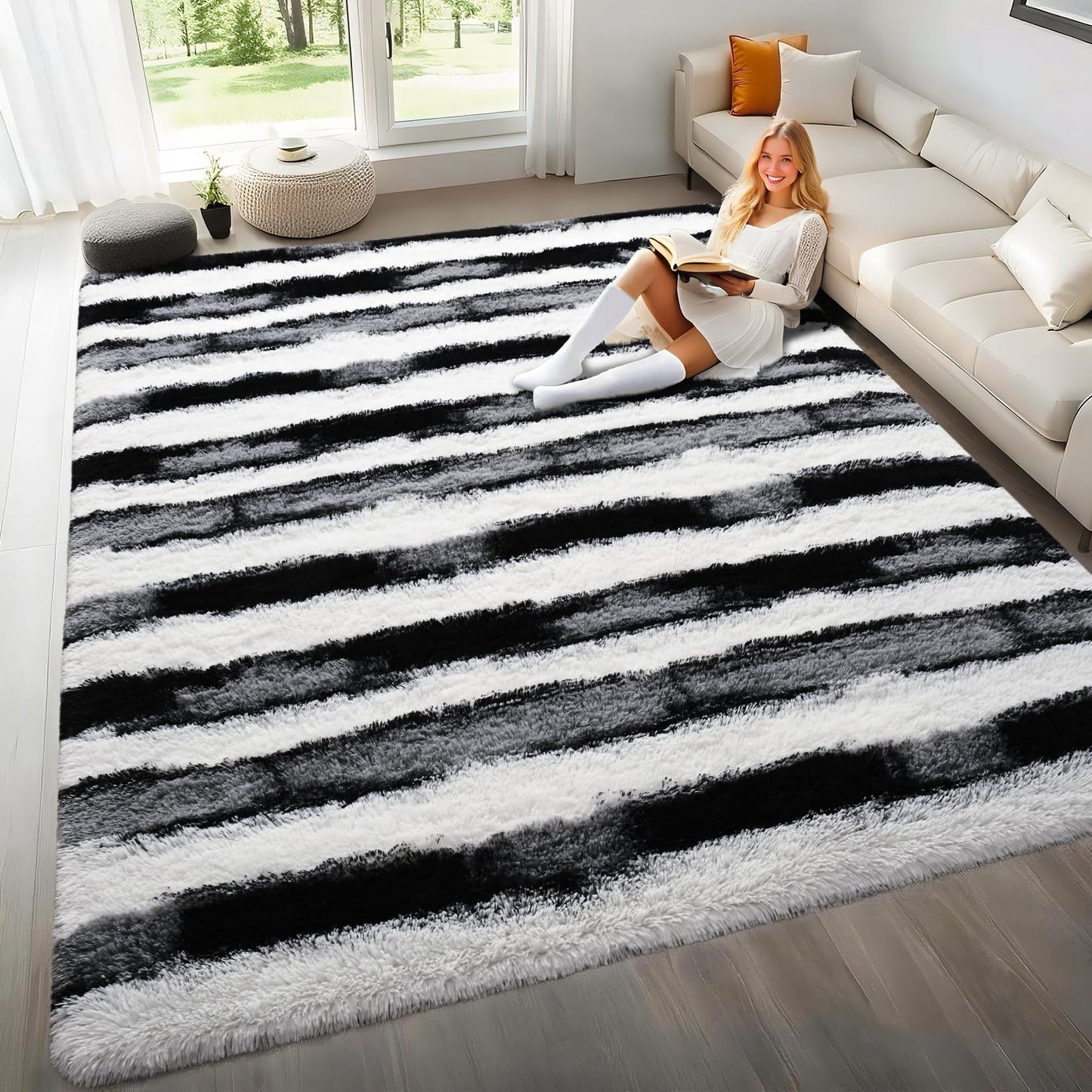 Woottpe Black and White Rugs for Living Room Bedroom, 4x6 Fluffy Soft Plush Area Rugs with Non-Slip Backing, Modern Striped Shag Fuzzy Carpets for Kids Playroom Nursery Dorms Home Decor