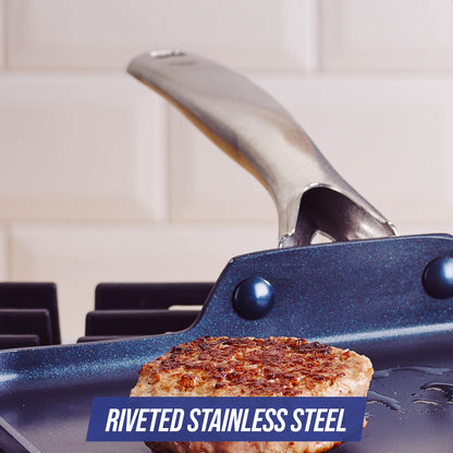 Blue Diamond 11" Nonstick Square Griddle Pan, Non Toxic PFAS-Free Diamond Ceramic, Dishwasher & Oven Safe, Even Heating, Metal Utensil Safe, Warp Control, Blue