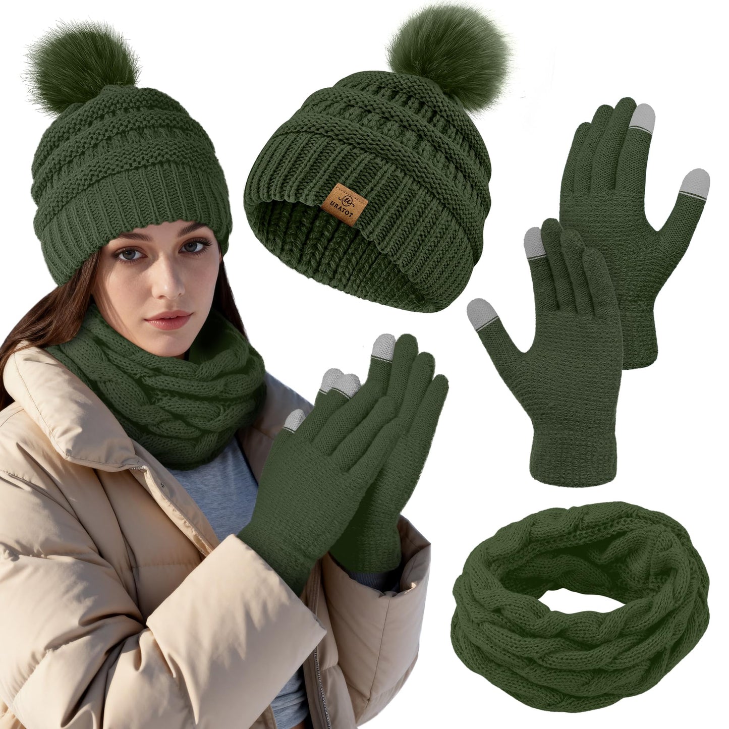 URATOT Winter Warm Knitted Sets Beanie Pompom Hat Scarves Winter Touchscreen Gloves Scarf Set for Men Women