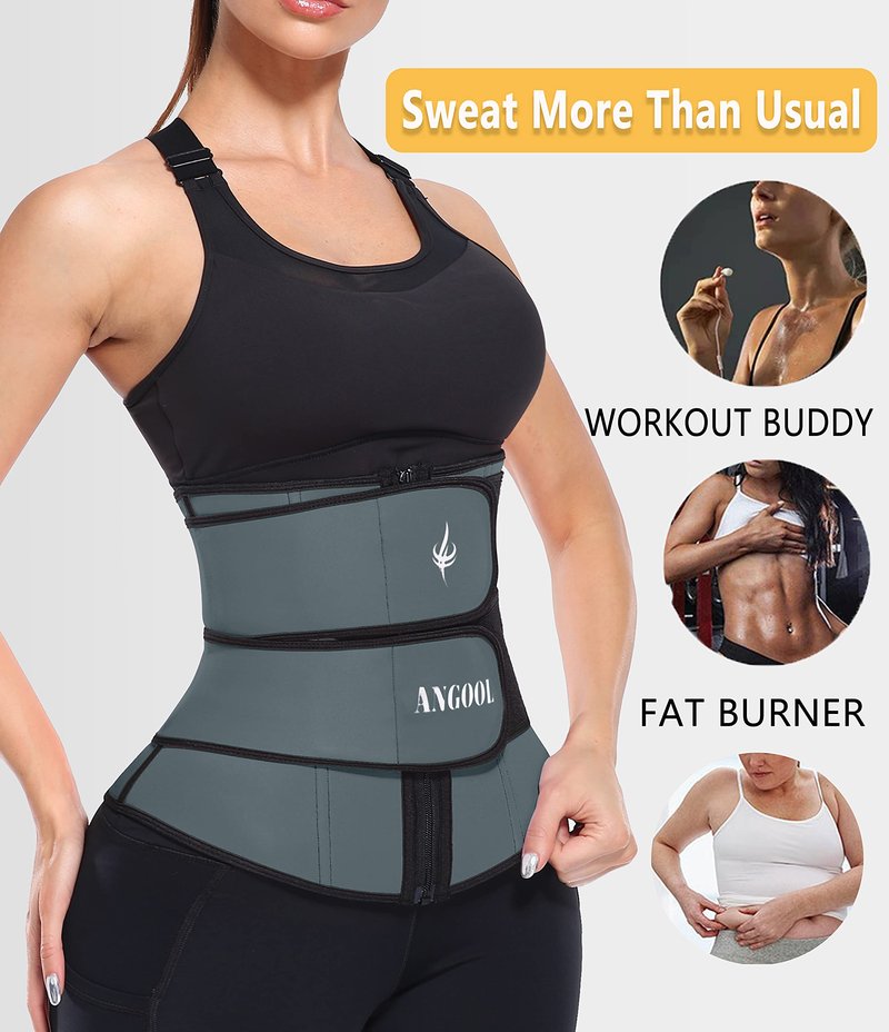 ANGOOL Neopren Waist Trainer For Women,Workout Plus Size Trimmer Belt Sauna Sweat Corset Cincher With Zipper L Gray-Dark