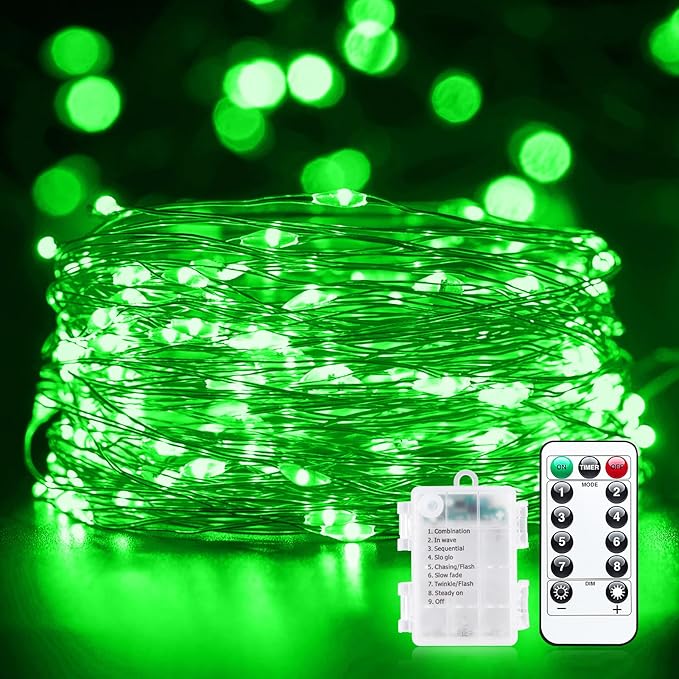 33Ft 100 LED Outdoor String Lights, Green Fairy Lights Battery Operated with Remote, Waterproof Twinkle Lights for Bedroom Dorm Patio Tapestry Backyard Garden Party Indoor St. Patrick Decoration