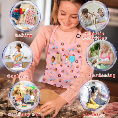 DEABOLAR Kids Aprons for Girls Toddler Donut Aprons with Pockets for Kids Cooking Baking Painting Crafting Art Gardening Adjustable, Machine Washable