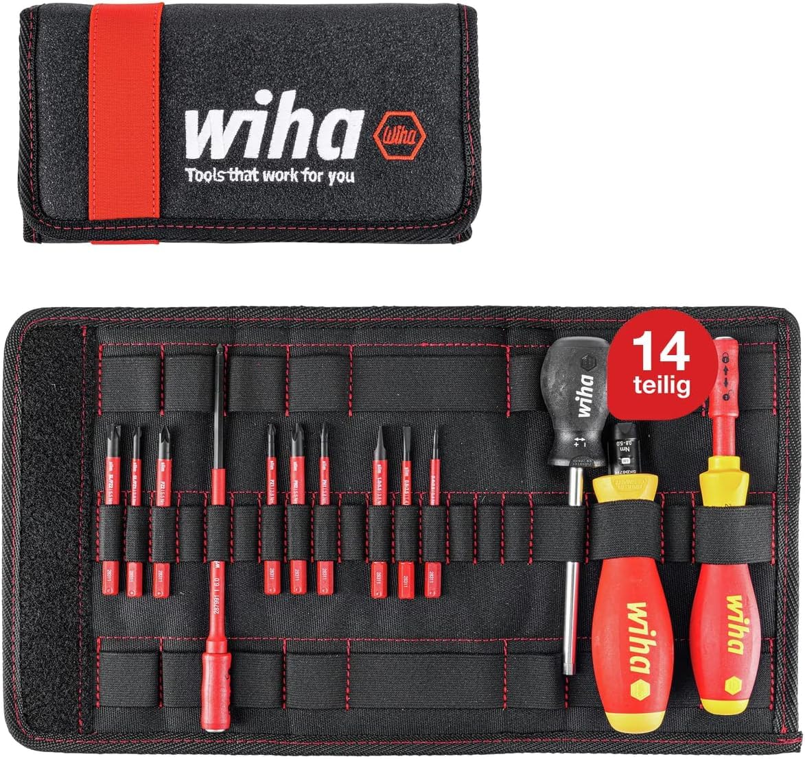 Wiha Drehmoment Schlüssel Schraubendreher Set TorqueVario-S elektrisch (40674) gem. 14tlg. I 0,8-5,0 Nm I inkl. Falttasche I Schlitz,Kreuz,PlusMinus
