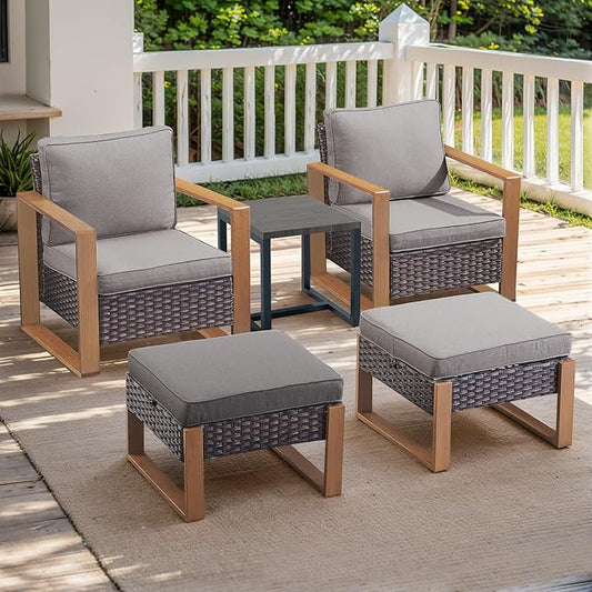 Rilyson Outdoor Wicker Patio Furniture Set - 5 Piece Patio Conversation Set with 2 Wicker Armrest Chairs,2 Rattan Ottoman, 1 Side Table, Sturdy Frame, Thick Cushions, Deep Seating(Brown/Grey)