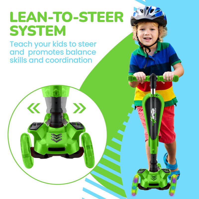 Hurtle 3 Wheeled Scooter for Kids - 2-in-1 Sit/Stand Child Toddlers Toy Kick Scooters w/ Flip-out Seat, Adjustable Height, Wide Deck, Flashing Wheel Lights, For Boys/Girls 1 Year Old+ (Green)