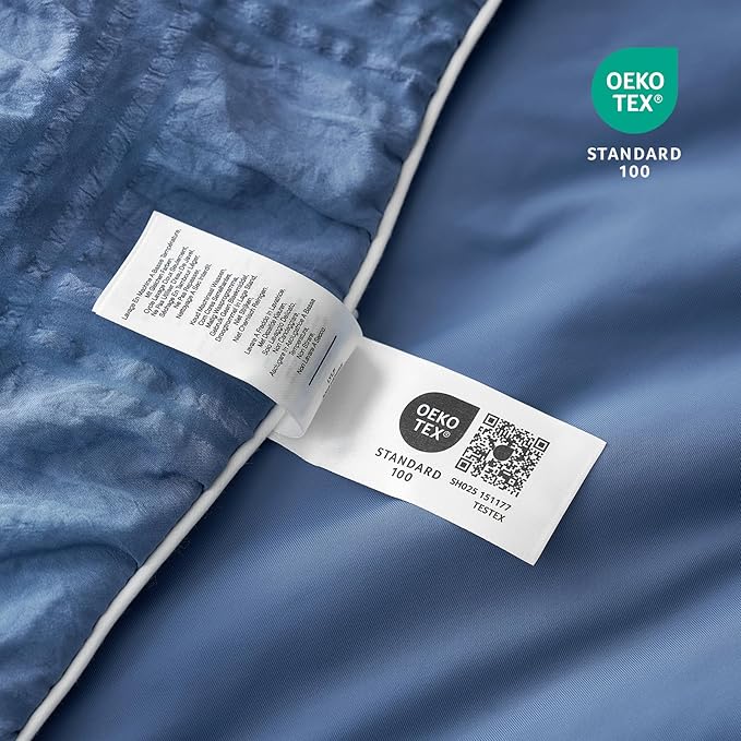 Cozy Bliss Cooling Comforter Seersucker Plaid Twin, Q-Max 0.4 Reversible Lightweight Cooling Blanket, Breathable Silk Smooth Summer Bedding Quilt for Hot Sleepers Night Sweats Denim Blue