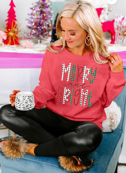 Christmas Sweatshirt Women Merry And Bright Christmas Pullover Shirt Novelty Chenille Patch Xmas Gift Holiday Top Pink